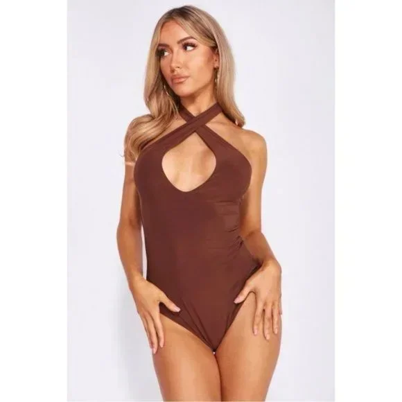 Brown Sleeveless Halter Neck Open Back Backless Bodycon Bodysuit Leotard Top - Picture 6 of 16